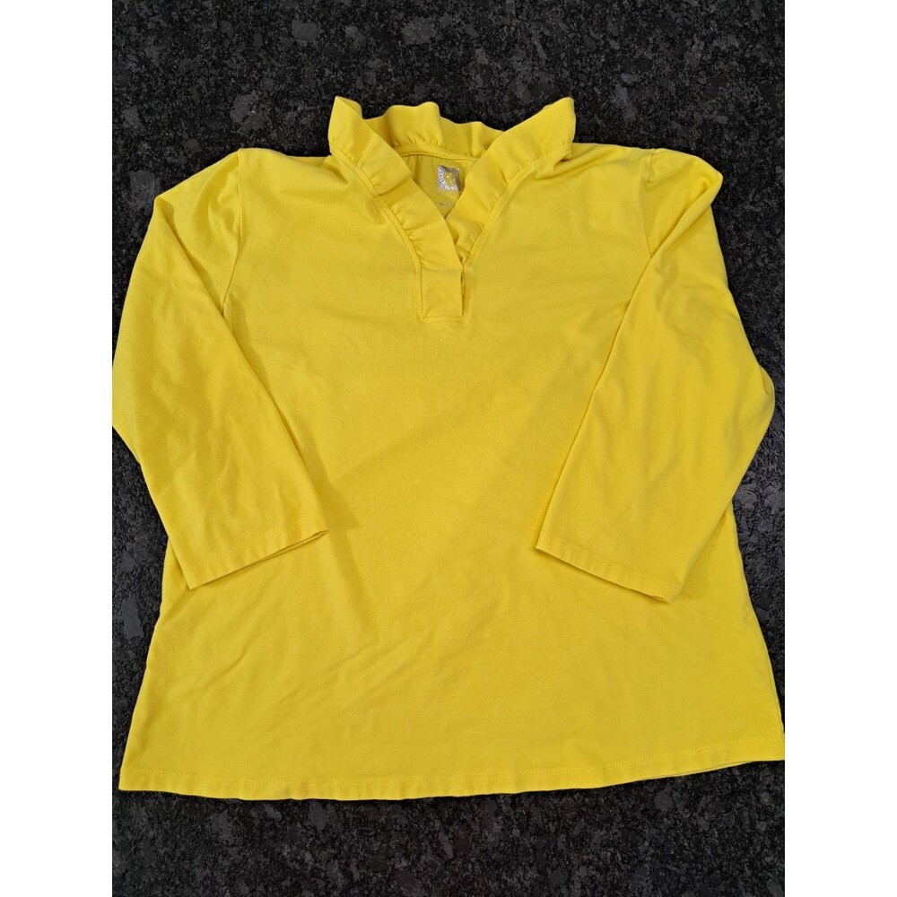 Anne Klein Yellow Ruffle Collared Neck Knit Pullover Top 3/4 Sleeve Size L